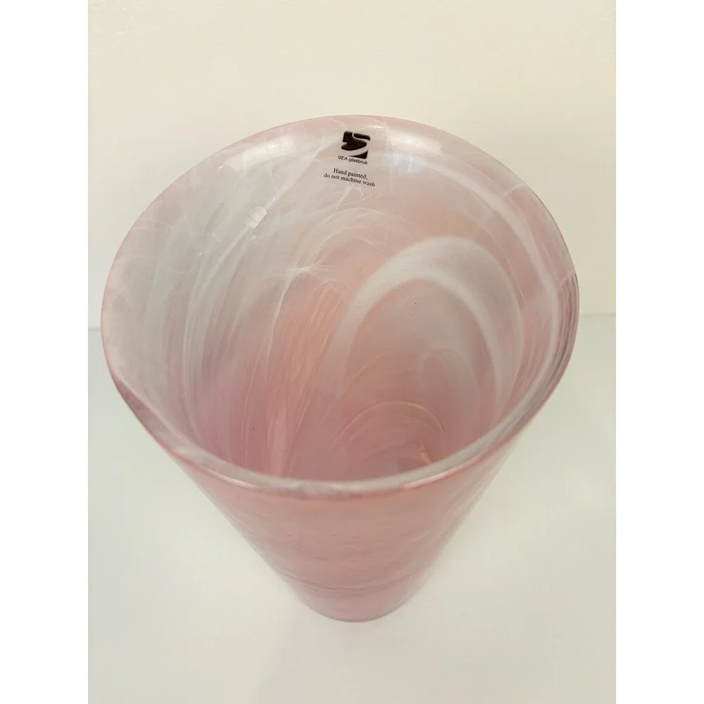 SEA Glasbruk Sweden Pink Swirl Art Glass Vase Hand Painted 7 Inch Classic